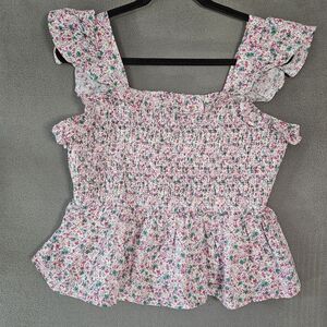 Arula Womens Smocked Tank Top Shirt Ruffle Colorful Floral Milk Maid Size X / XL